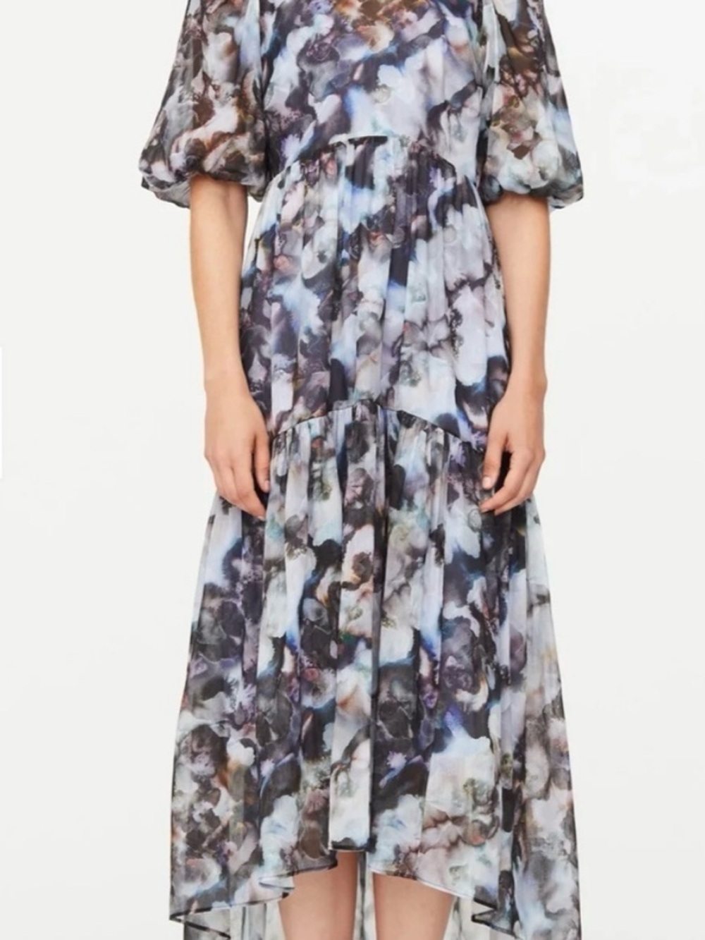 Marie Oliver Watercolor Floral High-Low Dress in Blue and Gray